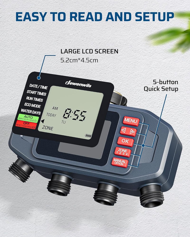DEWENWILS DEWENWlLS Sprinkler Timer, 4 Zone, Outdoor Faucet lrigation, Rain Delay & Manual, Programmable Water Hose Timer for Holiday, Garden, Lawn, Vegetable Gardening, Potted Flowers - Image 5